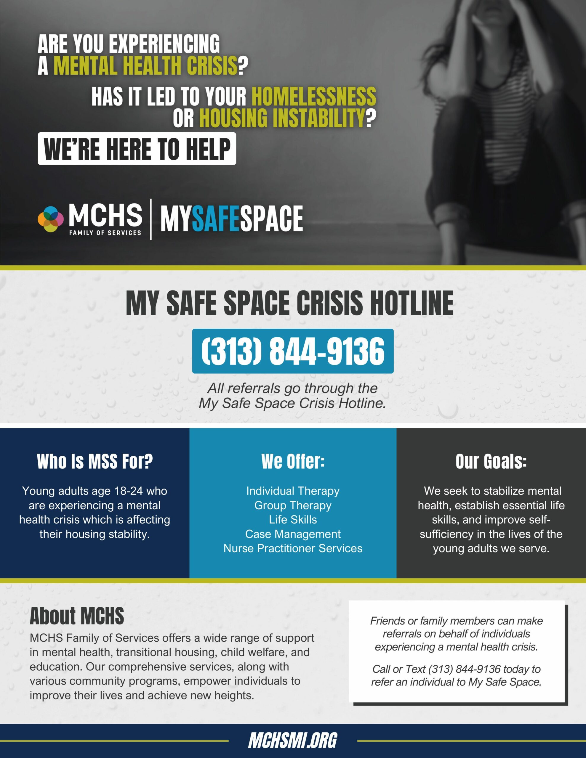My Safe Space: Youth mental health crisis hotline flyer from MCHS